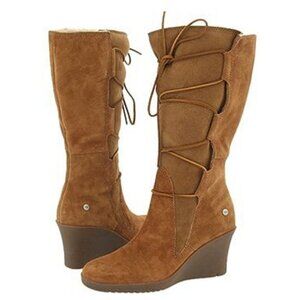 UGG Women Sz 8 Elsey Brown Suede Wedge Tall Lace Up Shearling Knee Boots